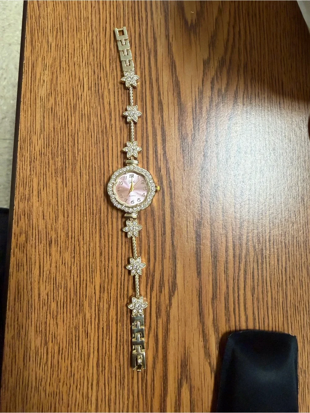 Gold-Tone Pink Dial Floral Bracelet Watch
